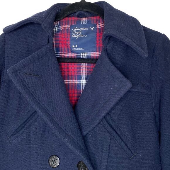 American Eagle Navy Pea Coat with Plaid Lining Warm cozy size Small - Picture 3 of 14